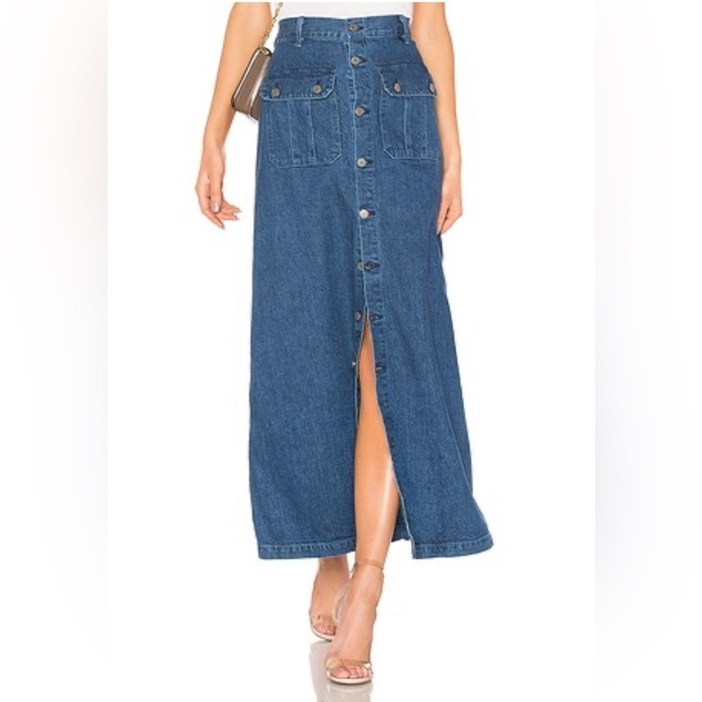 GRLFRND Denim Bebe The Keeper Jean Midi Skirt Button Front Blue Size 24